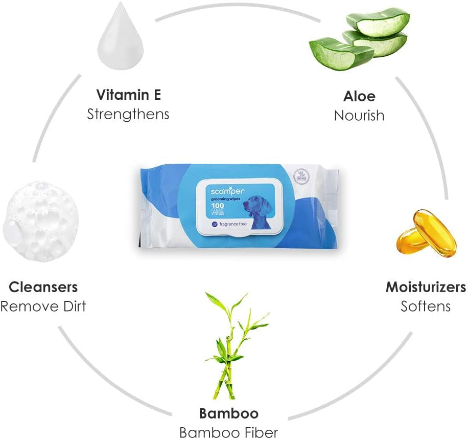 Scamper Grooming Wipes - Pet Wipes for Dogs & Cats (Fragrance Free)